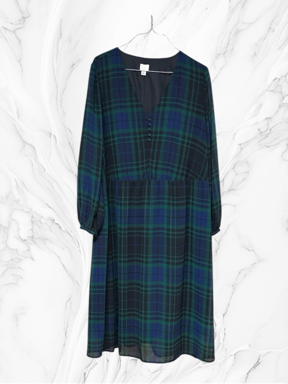 a new day Green and Blue Plaid V-Neck Long Sleeve Midi Dress XL